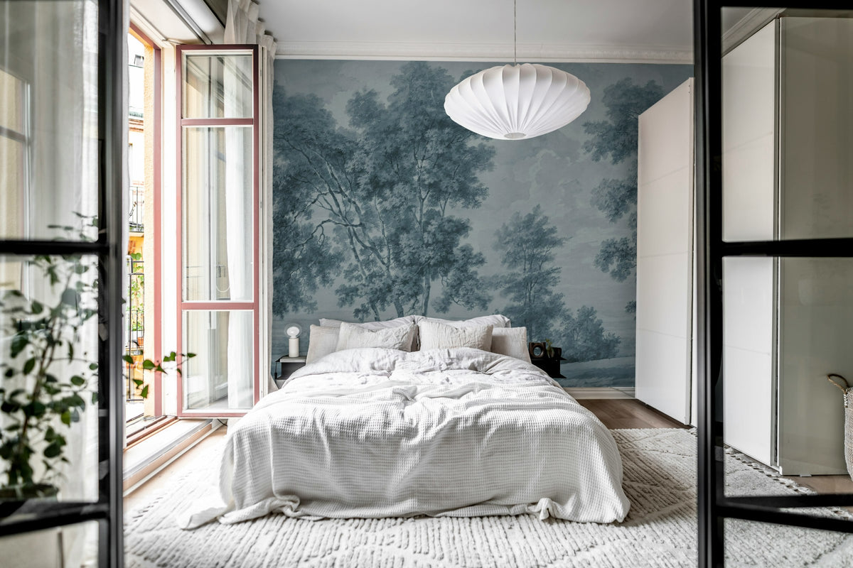 Tree on the Hill wall mural by Rebel Walls in Blue, styled room