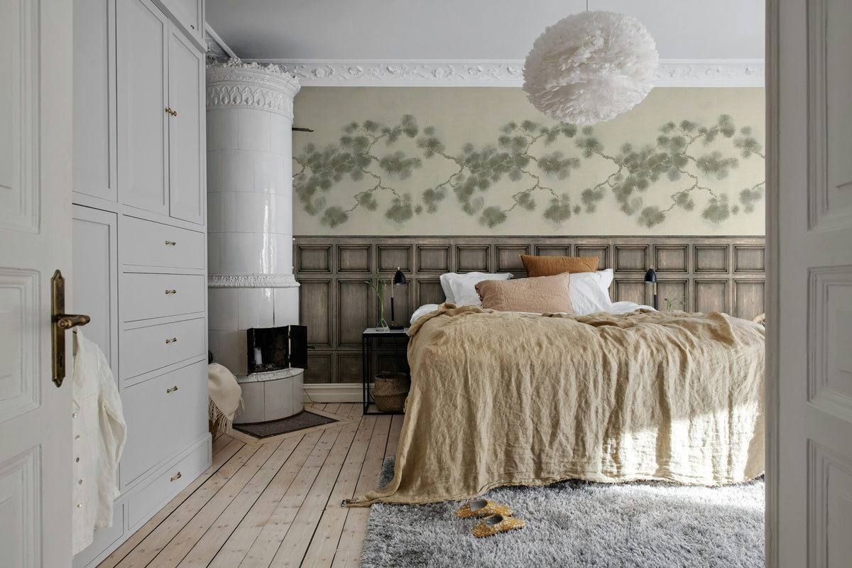 Pine Branch wall mural by Rebel Walls in Green – Panels, styled room
