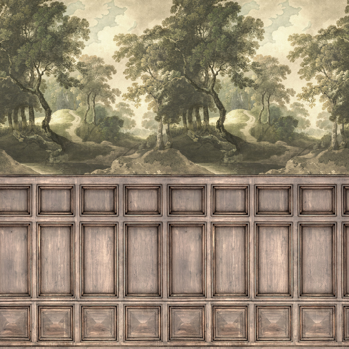 The Vintage Grove wall mural by Rebel Walls in Green – Panels, flat swatch