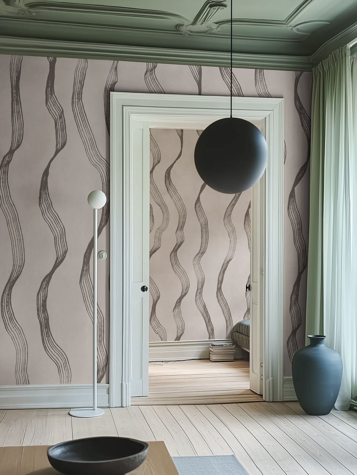 Ribbon Stripe wall mural by Rebel Walls in Grey, styled room