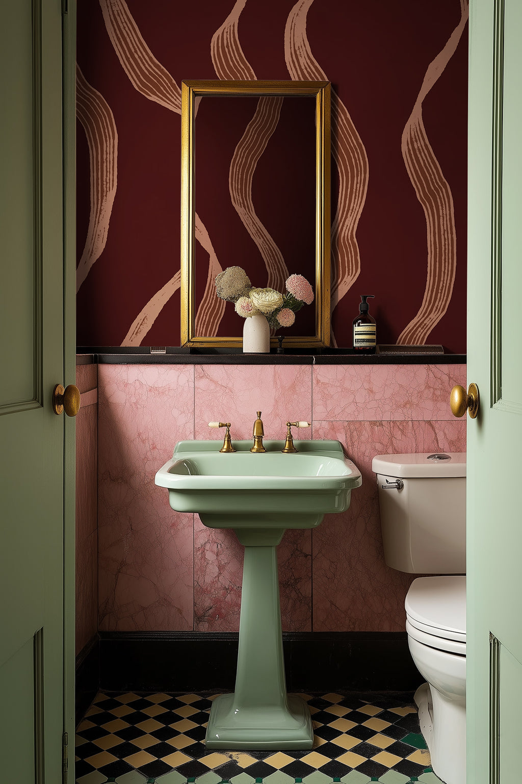Ribbon Stripe wall mural by Rebel Walls in Red – Burgundy, styled room