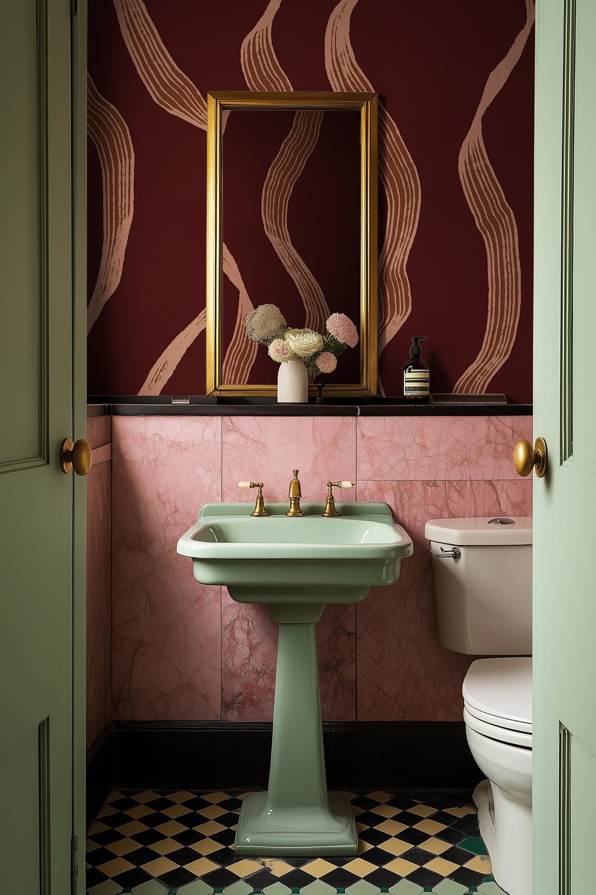 Ribbon Stripe wall mural by Rebel Walls in Red – Burgundy, styled room