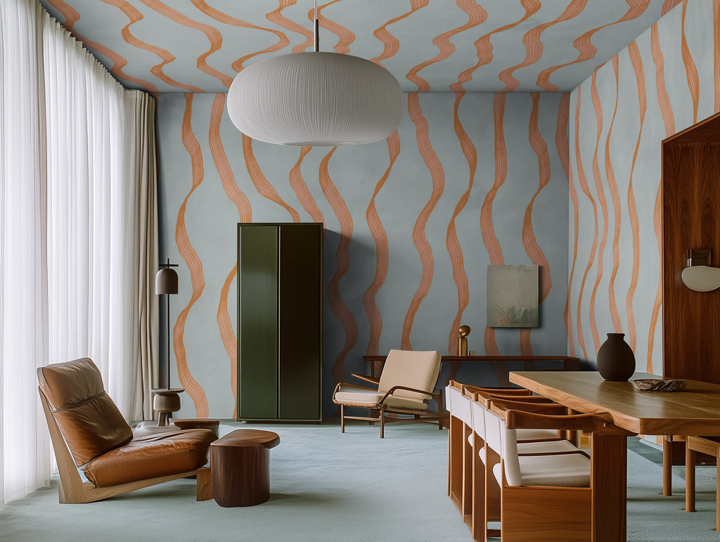 Ribbon Stripe wall mural by Rebel Walls in Blue, styled room