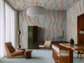 Ribbon Stripe wall mural by Rebel Walls in Blue, styled room