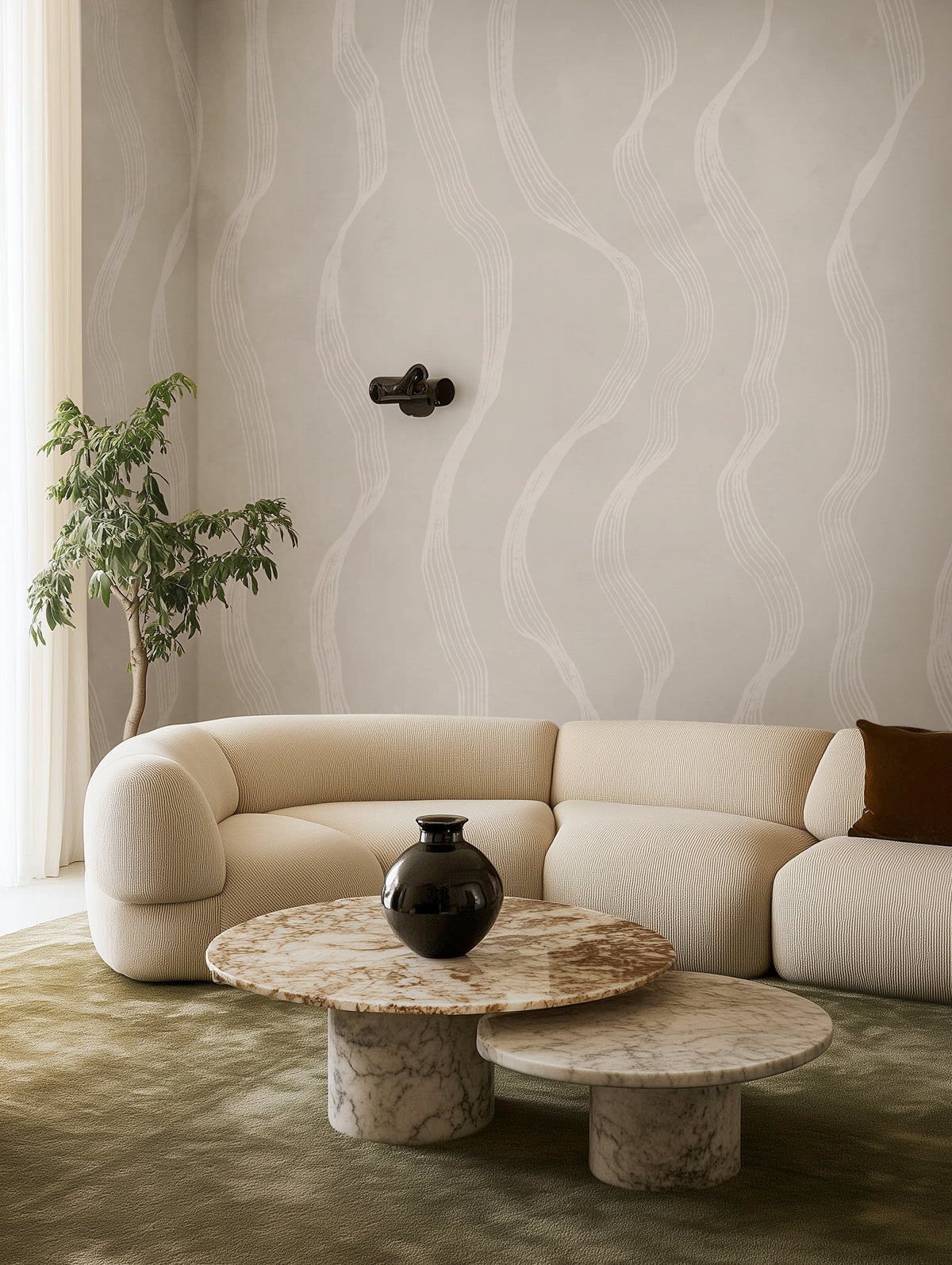 Ribbon Stripe wall mural by Rebel Walls in Beige, styled room