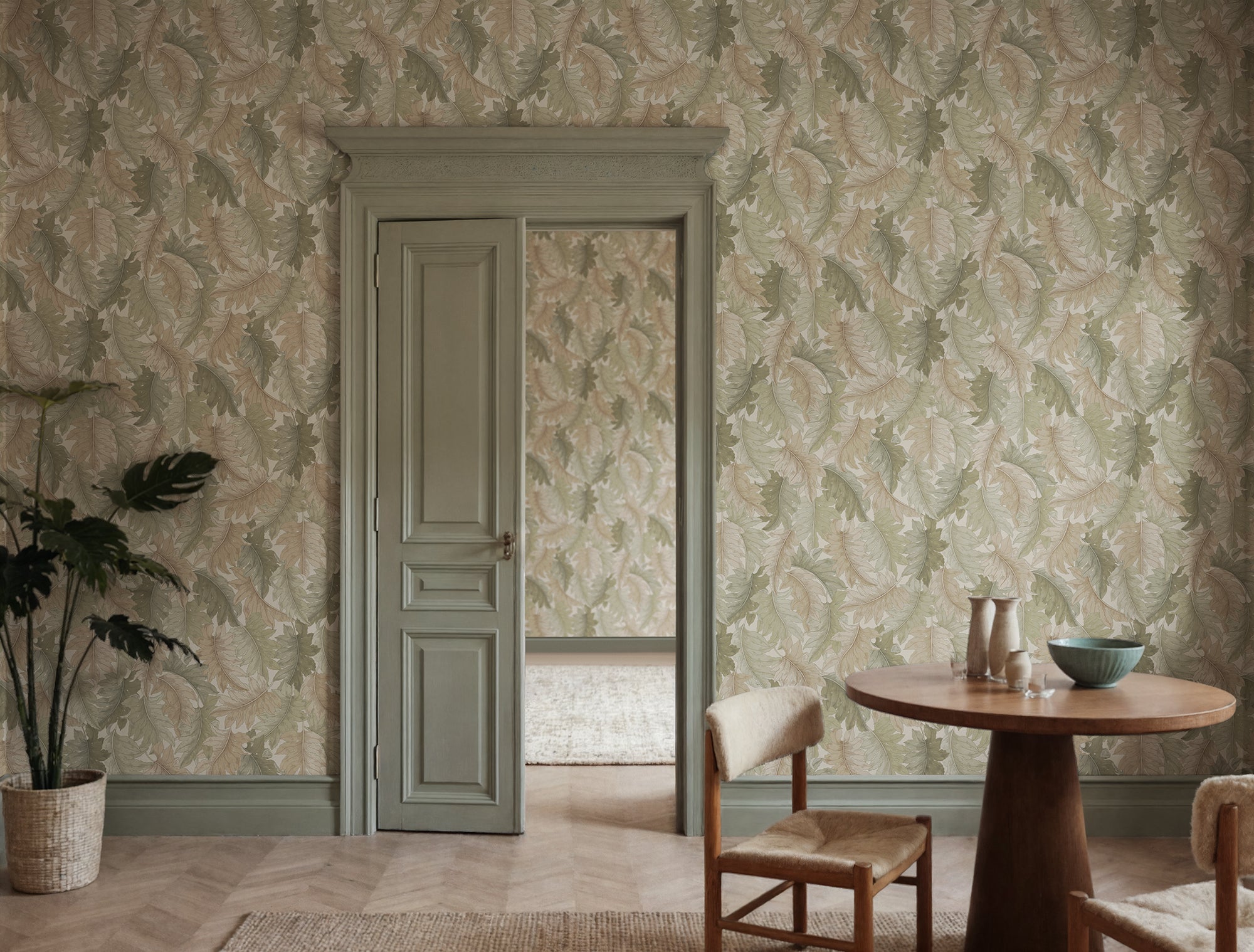 Swirling Fern wall mural by Rebel Walls in Sage Green, styled room