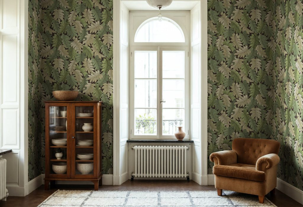 Swirling Fern wall mural by Rebel Walls in Green, styled room