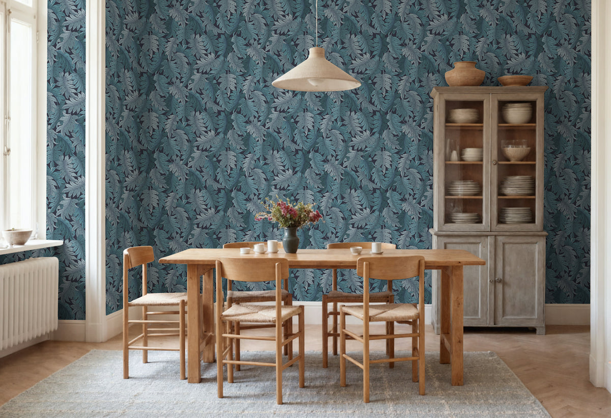 Swirling Fern wall mural by Rebel Walls in Blue, styled room