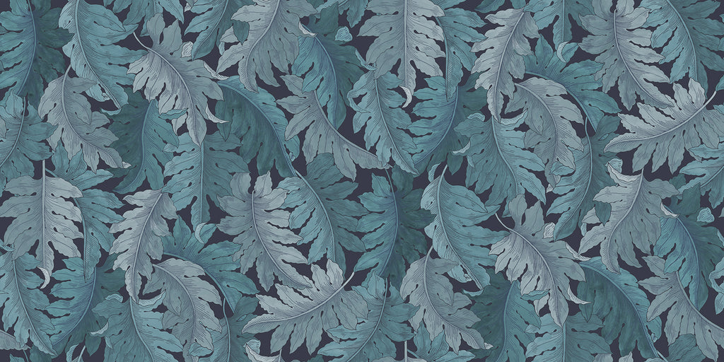 Swirling Fern wall mural by Rebel Walls in Blue, flat swatch