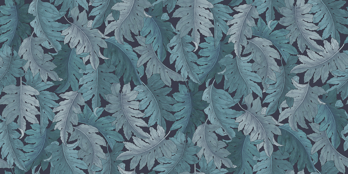 Swirling Fern wall mural by Rebel Walls in Blue, flat swatch