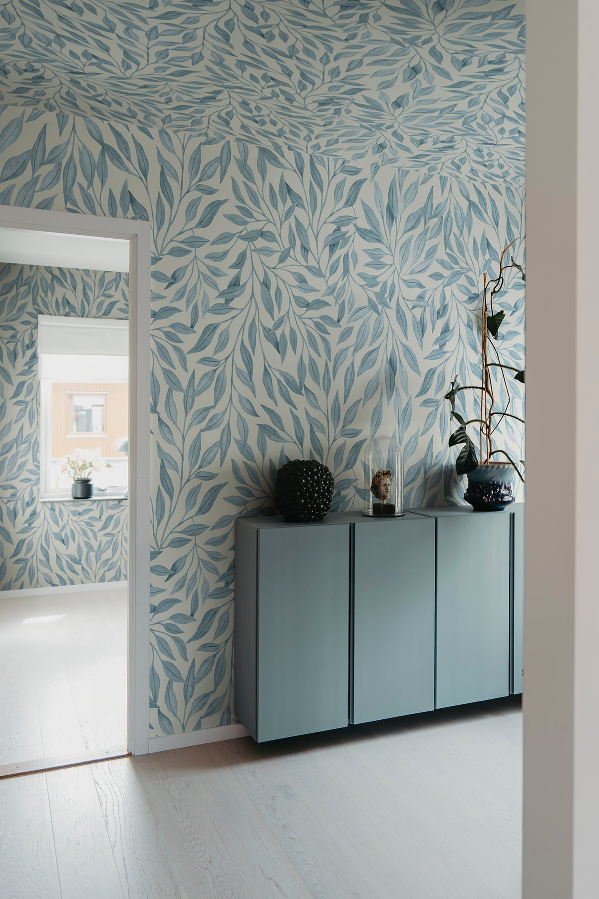 Willow wall mural by Rebel Walls in Blue, styled room