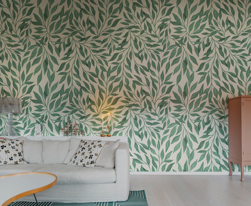 Willow wall mural by Rebel Walls in Green, styled room