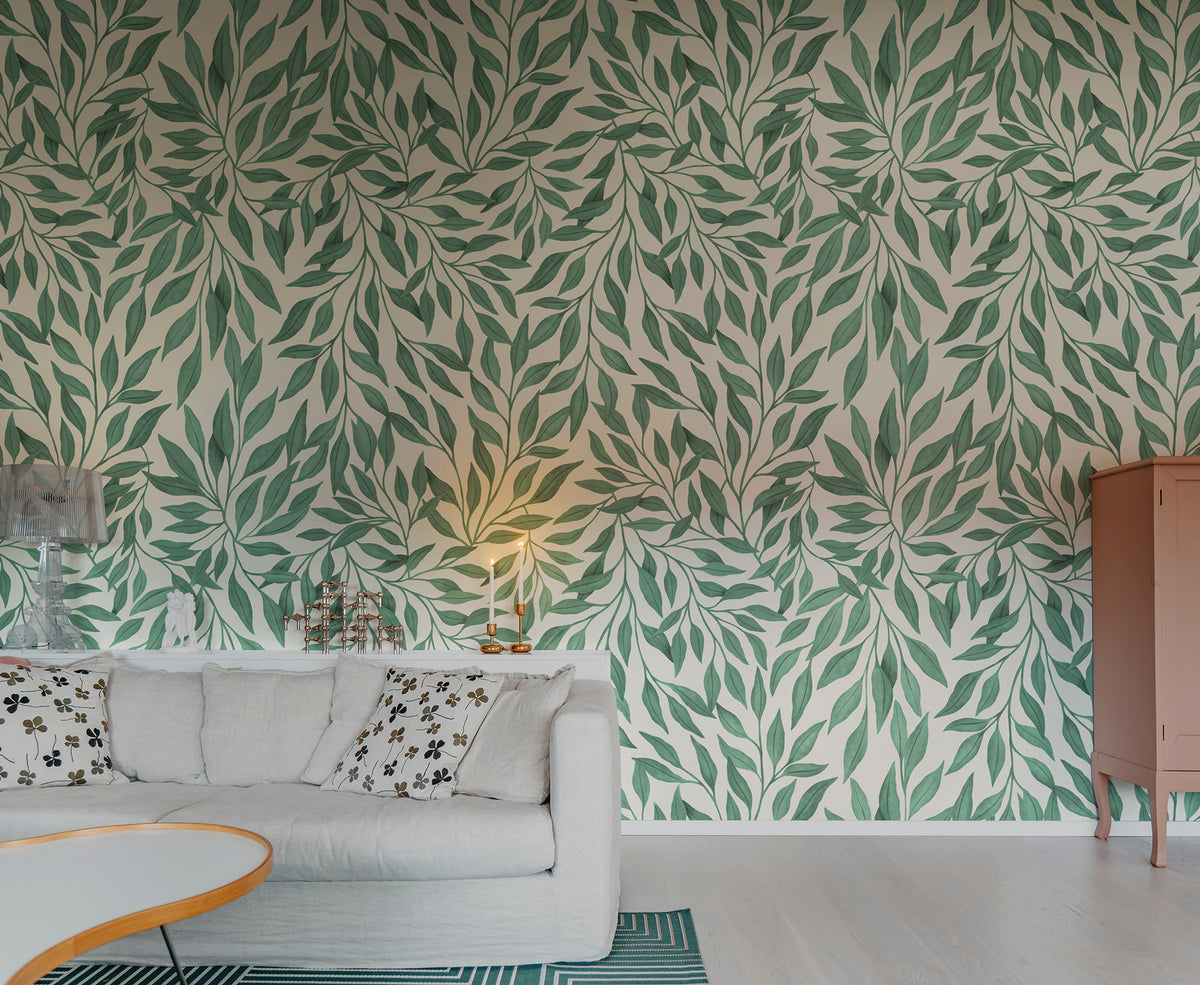 Willow wall mural by Rebel Walls in Green, styled room