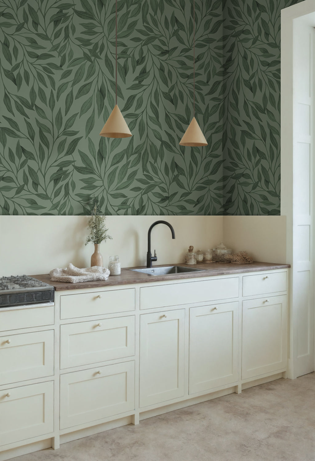 Willow wall mural by Rebel Walls in Green – Dark Green, styled room