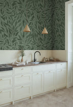 Willow wall mural by Rebel Walls in Green – Dark Green, styled room