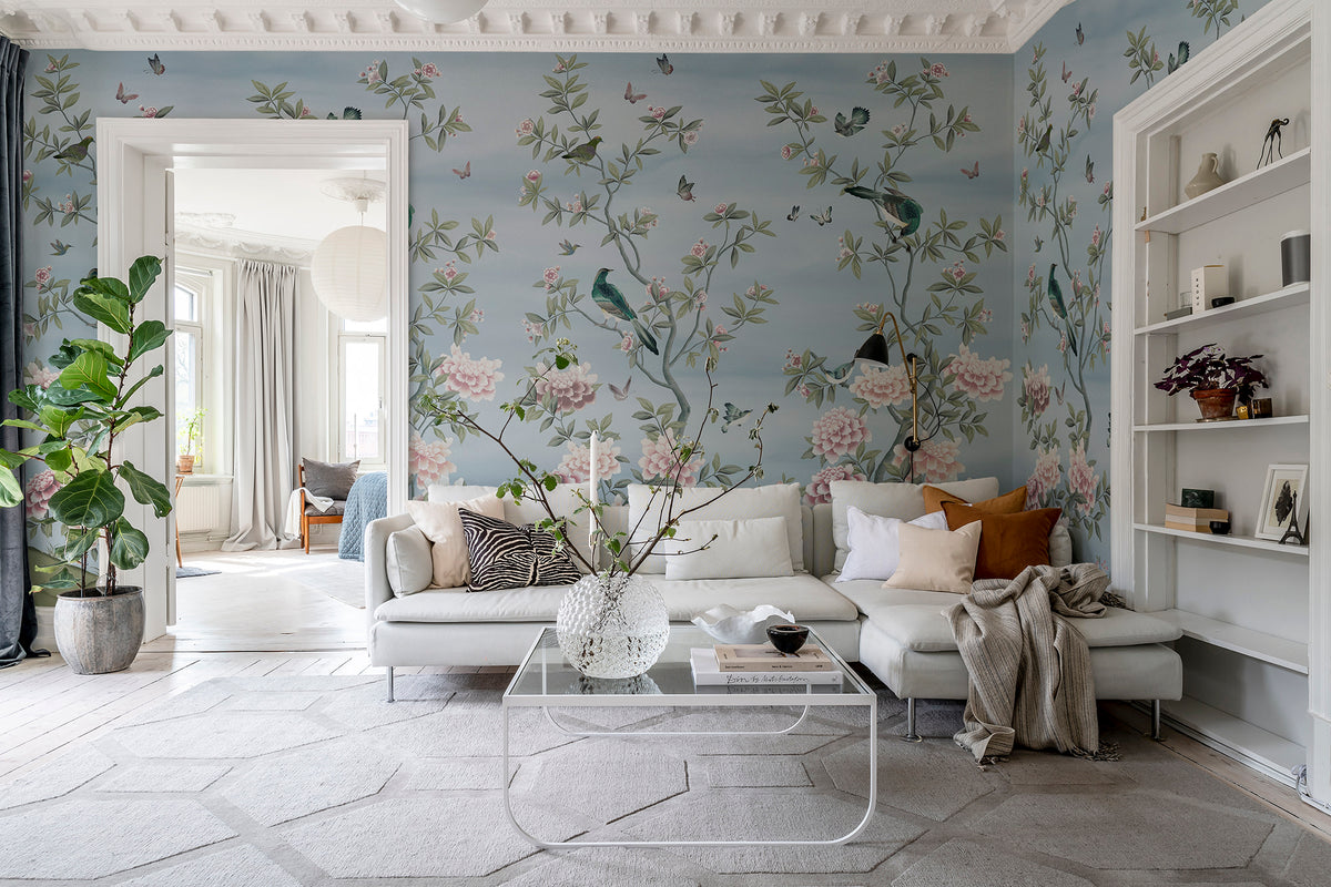 Garden of Harmony wall mural by Rebel Walls in Blue, styled room