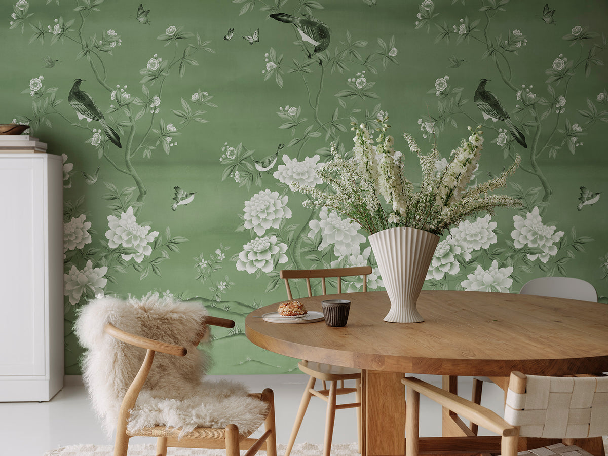 Garden of Harmony wall mural by Rebel Walls in Green, styled room
