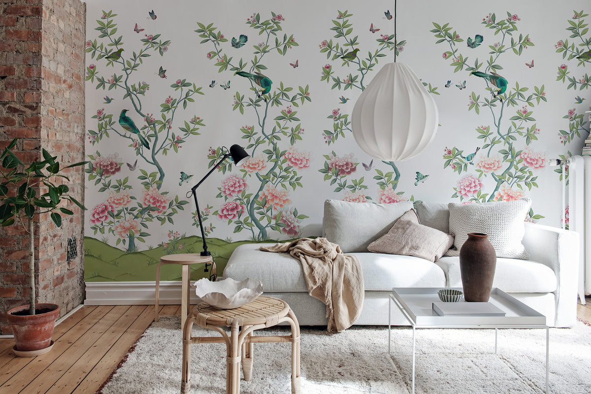 Garden of Harmony wall mural by Rebel Walls in White, styled room