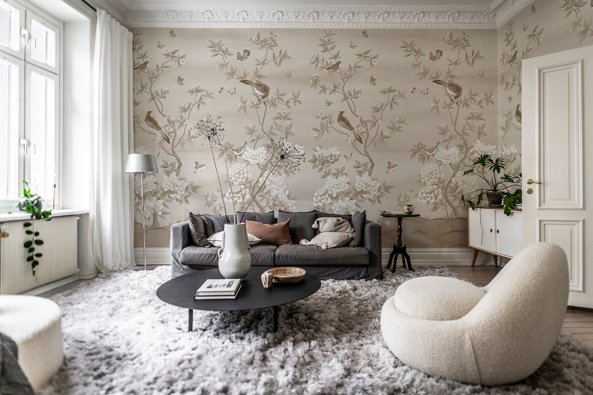 Garden of Harmony wall mural by Rebel Walls in Beige, styled room