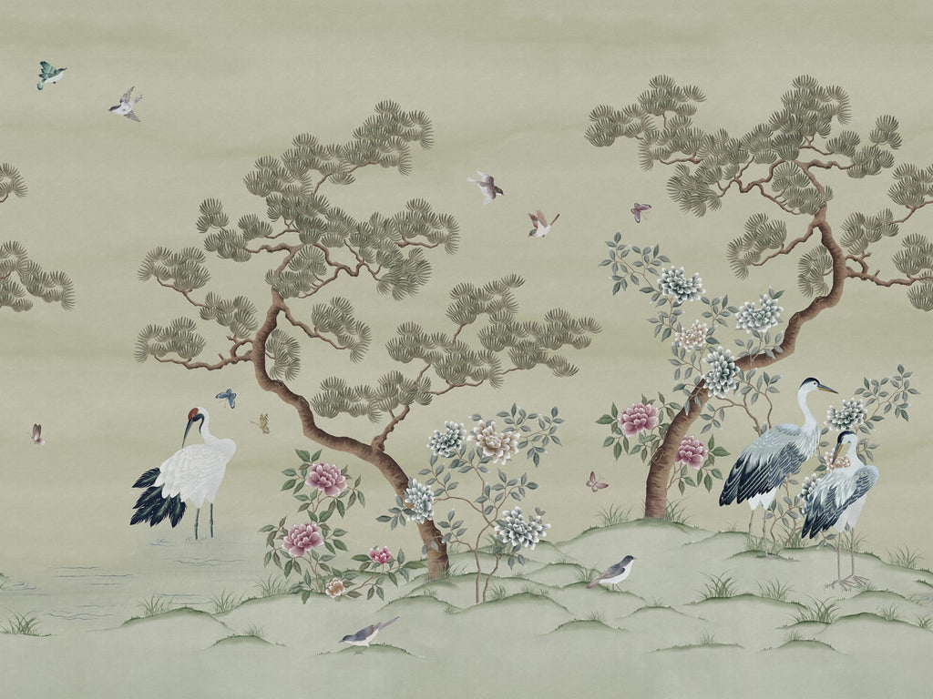 Pine Grove wall mural by Rebel Walls in sage green
