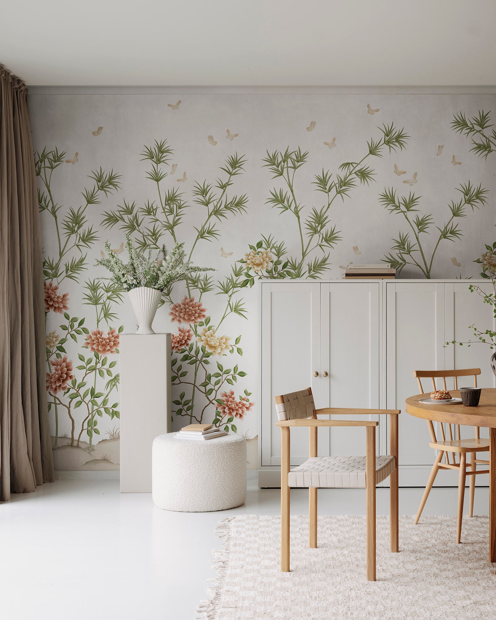 Eastern Bloom wall mural by Rebel Walls in White, styled room