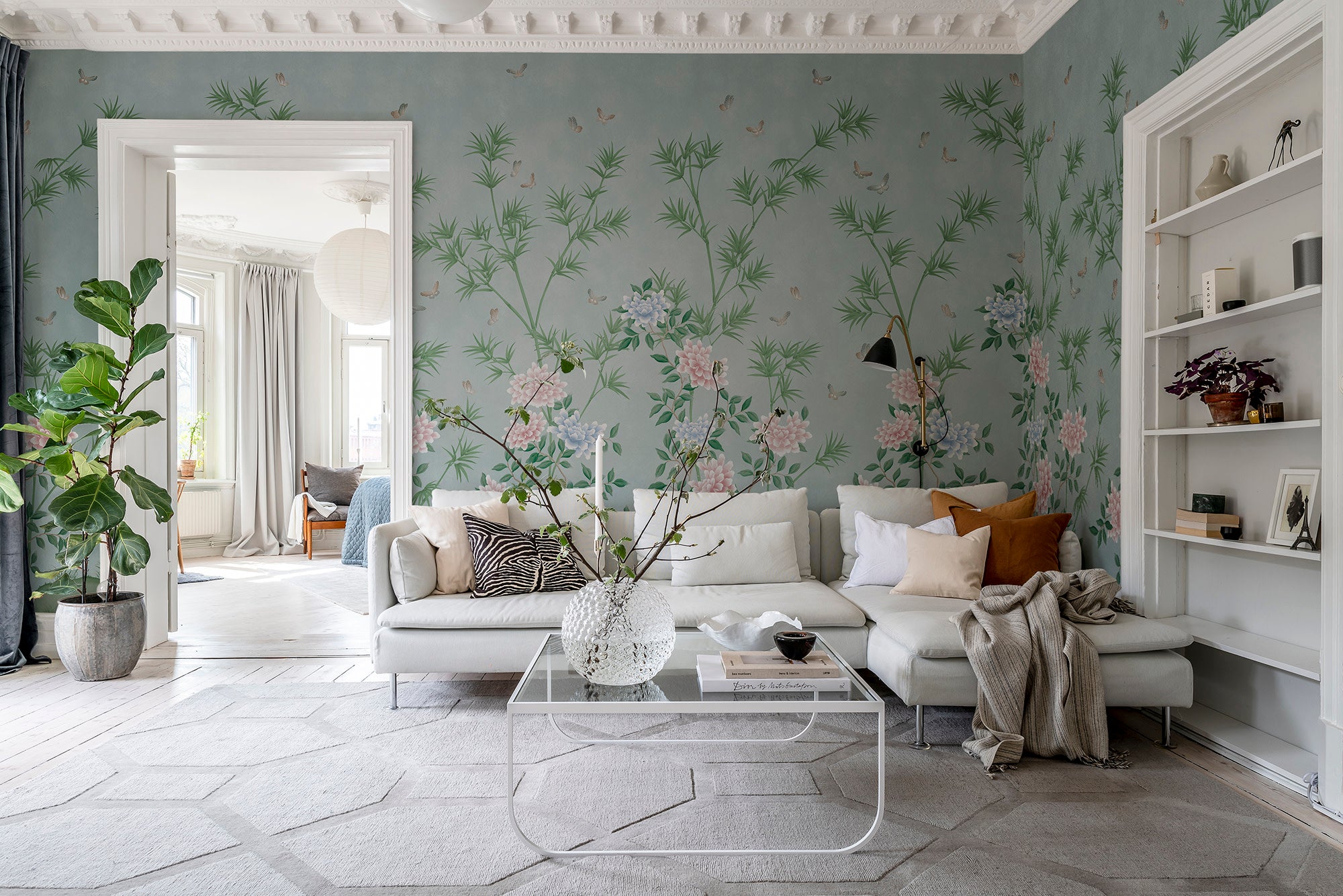 Eastern Bloom wall mural by Rebel Walls in Blue – Slate Blue, styled room
