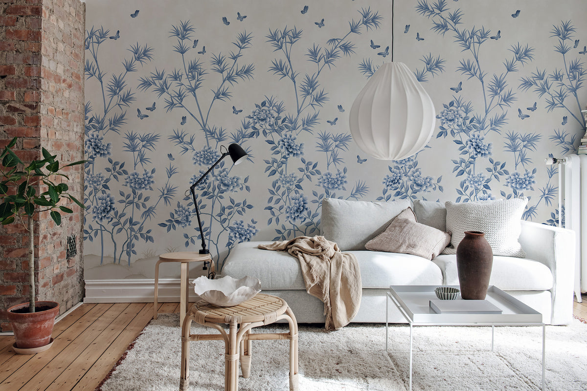 Eastern Bloom wall mural by Rebel Walls in Blue – Light Blue, styled room