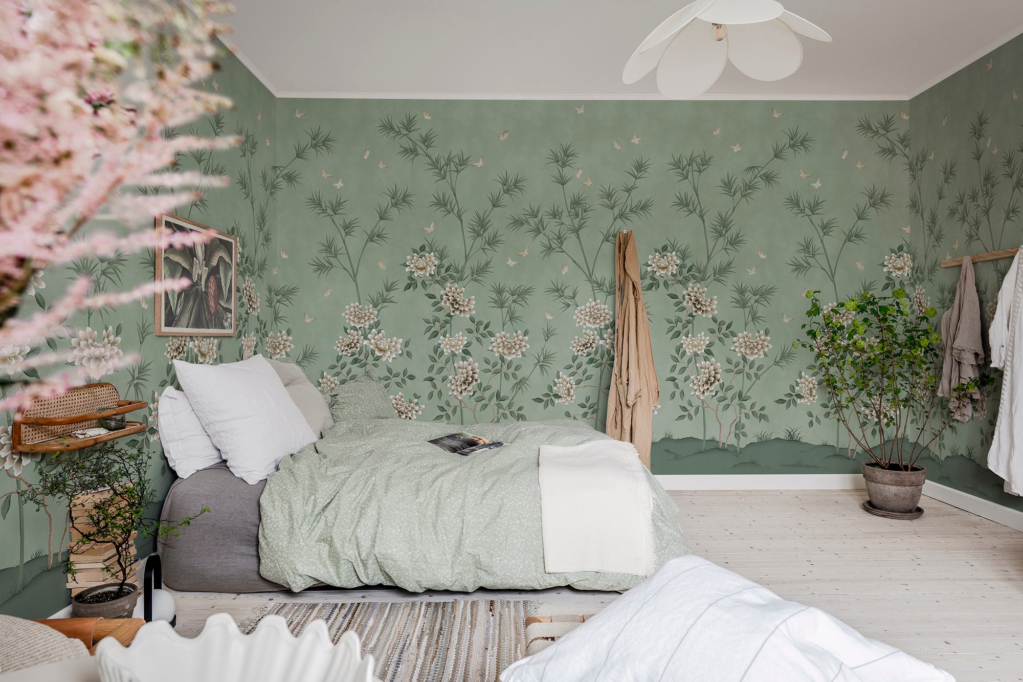 Eastern Bloom wall mural by Rebel Walls in Green, styled room