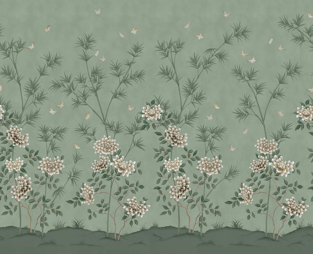 Eastern Bloom wall mural by Rebel Walls in sage green