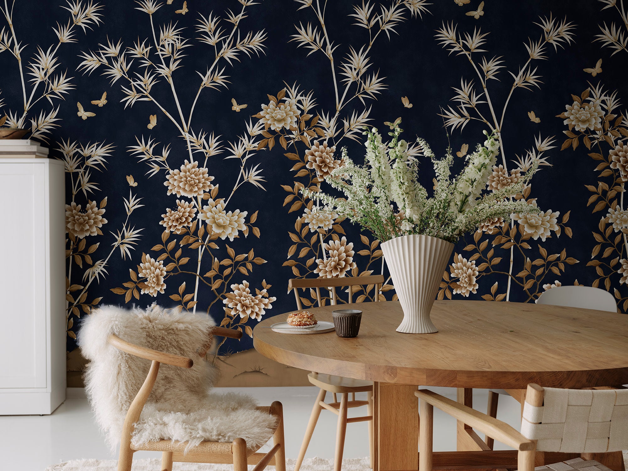 Eastern Bloom wall mural by Rebel Walls in Blue – Navy, styled room