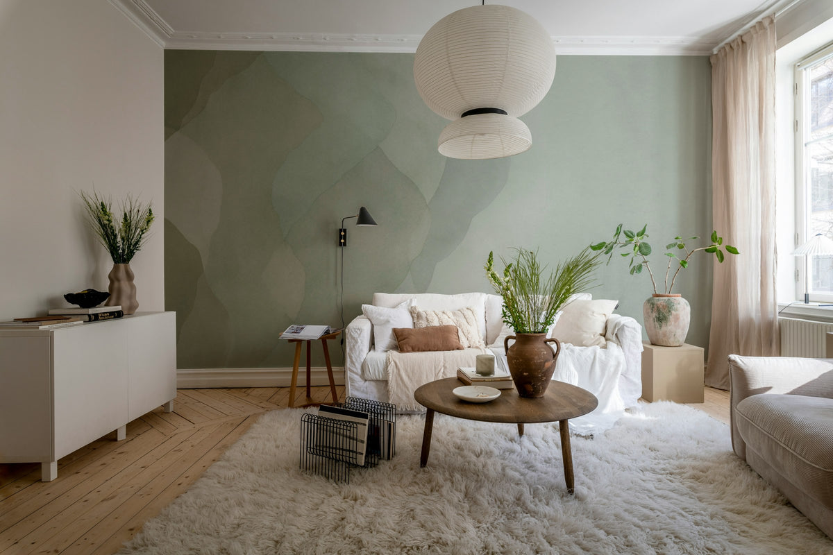 Watercolor Vertical wall mural by Rebel Walls in Green, styled room