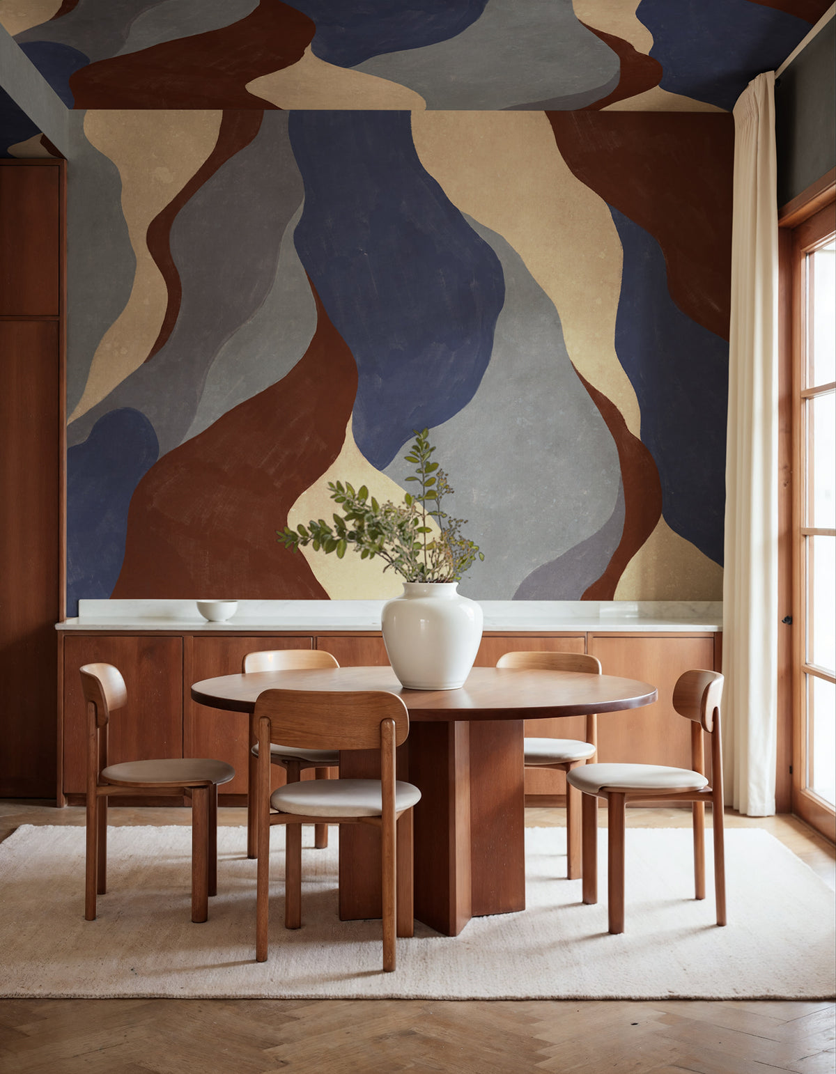 Flowing Forms wall mural by Rebel Walls in Blue – Dark Blue, styled room