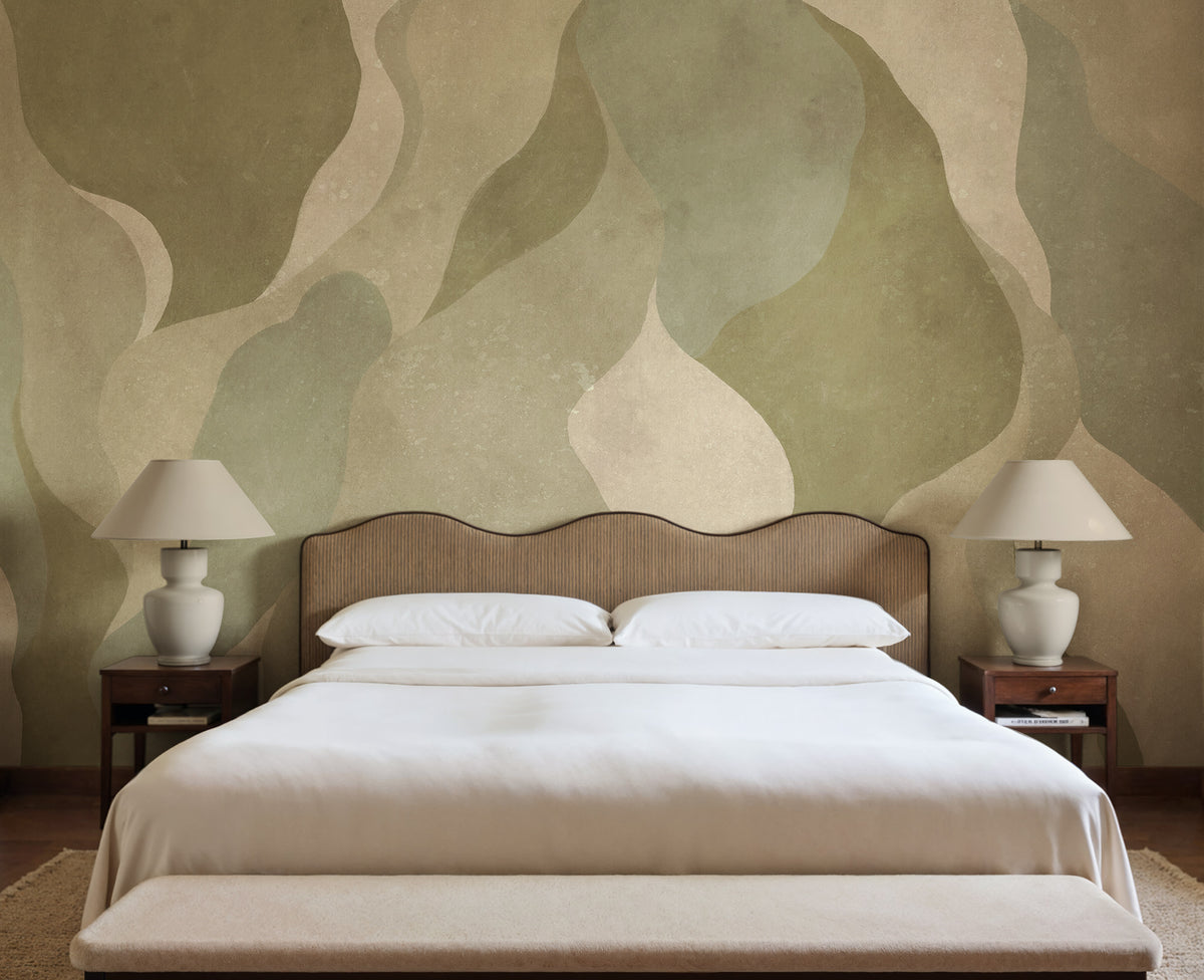 Flowing Forms wall mural by Rebel Walls in Green, styled room