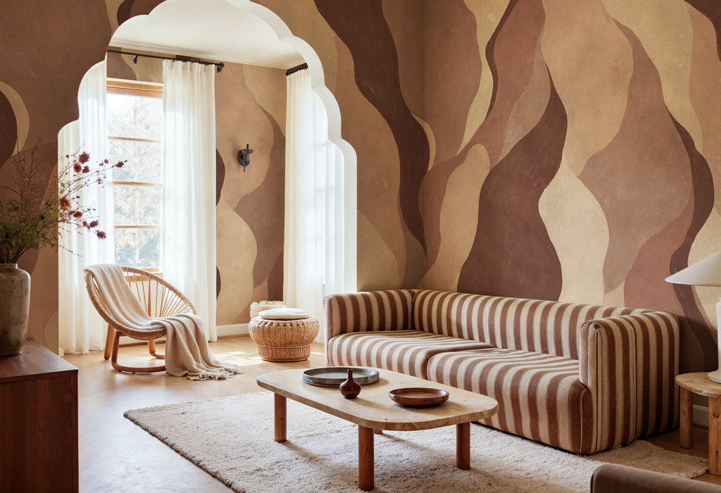 Flowing Forms wall mural by Rebel Walls in Brown, styled room