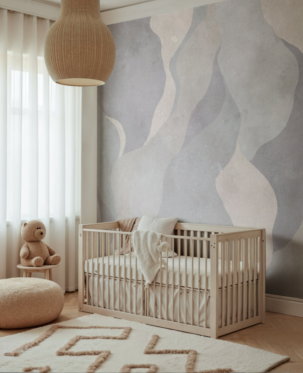 Flowing Forms wall mural by Rebel Walls in Blue, styled room
