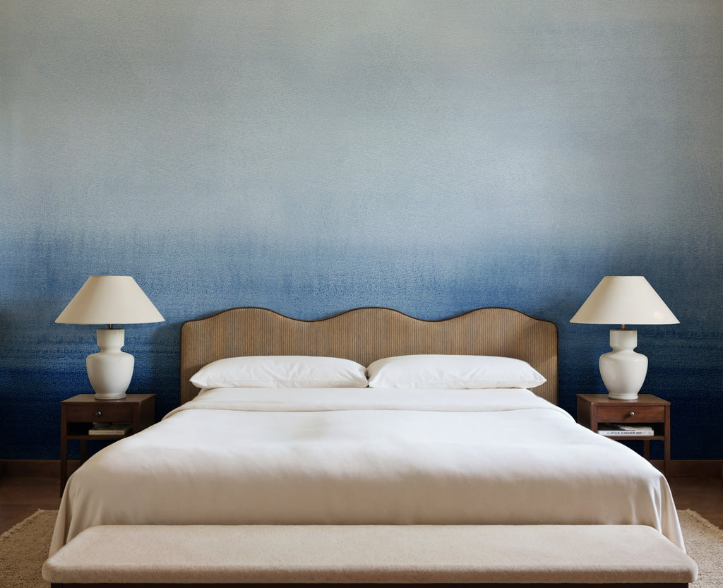 Gradient wall mural by Rebel Walls in Blue, styled room