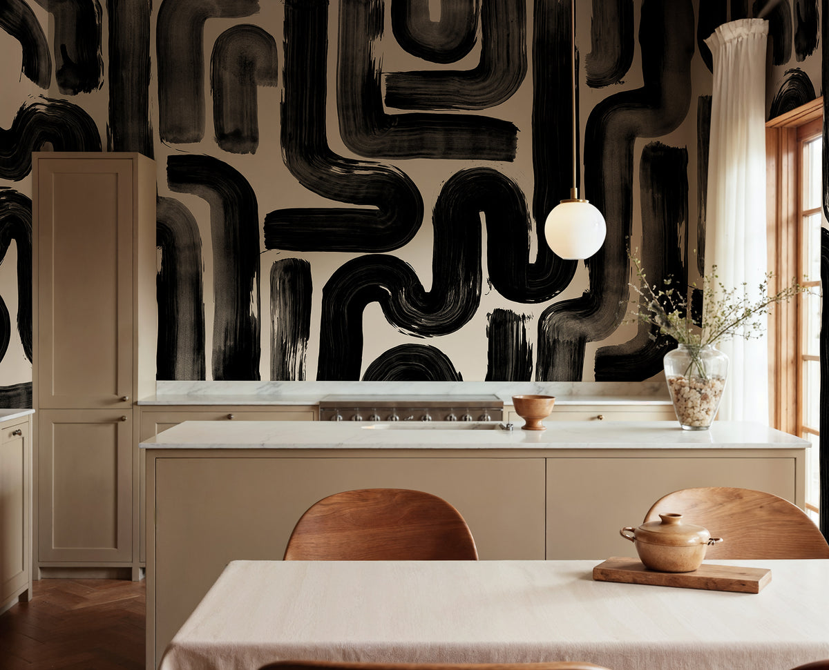 Drape Brush wall mural by Rebel Walls in Black, styled room