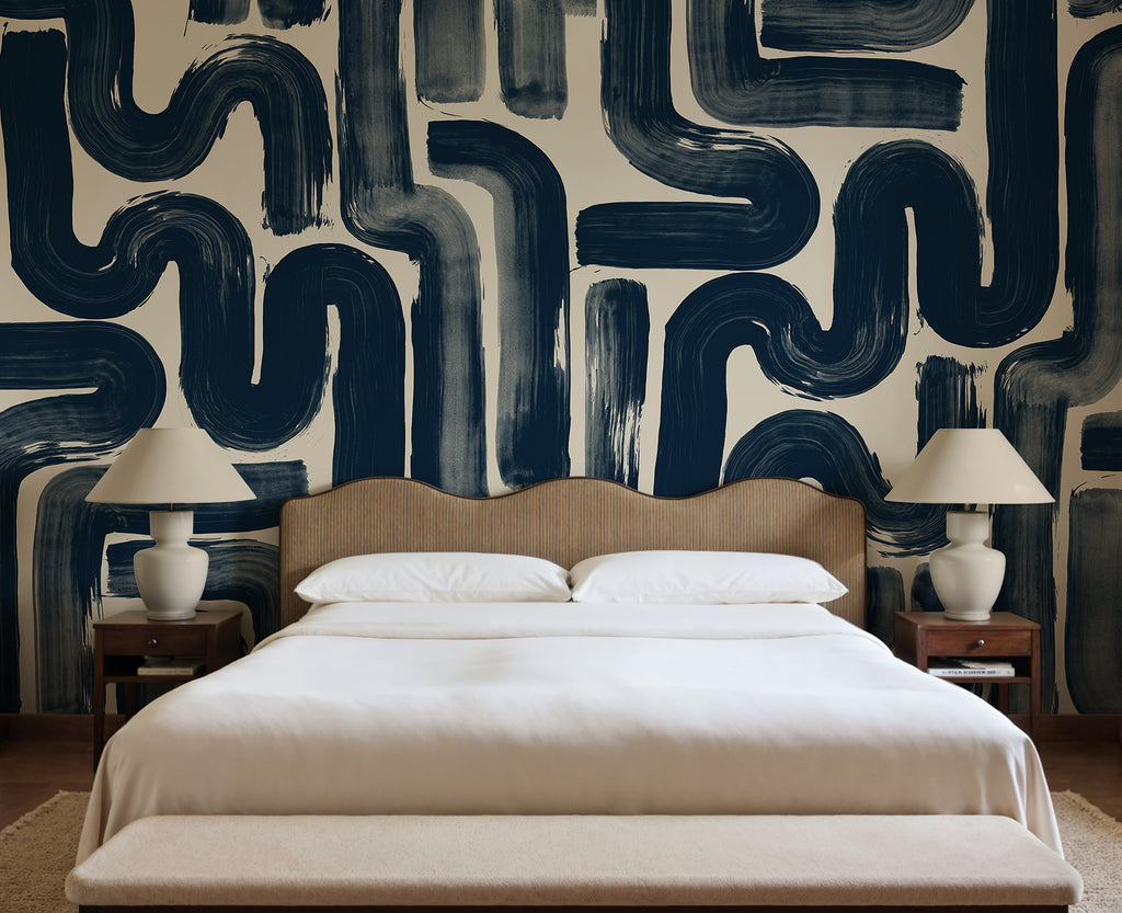 Drape Brush wall mural by Rebel Walls in Blue – Dark Blue, styled room