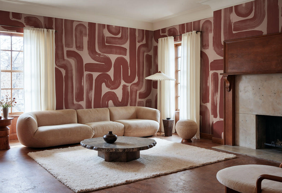 Drape Brush wall mural by Rebel Walls in Red, styled room