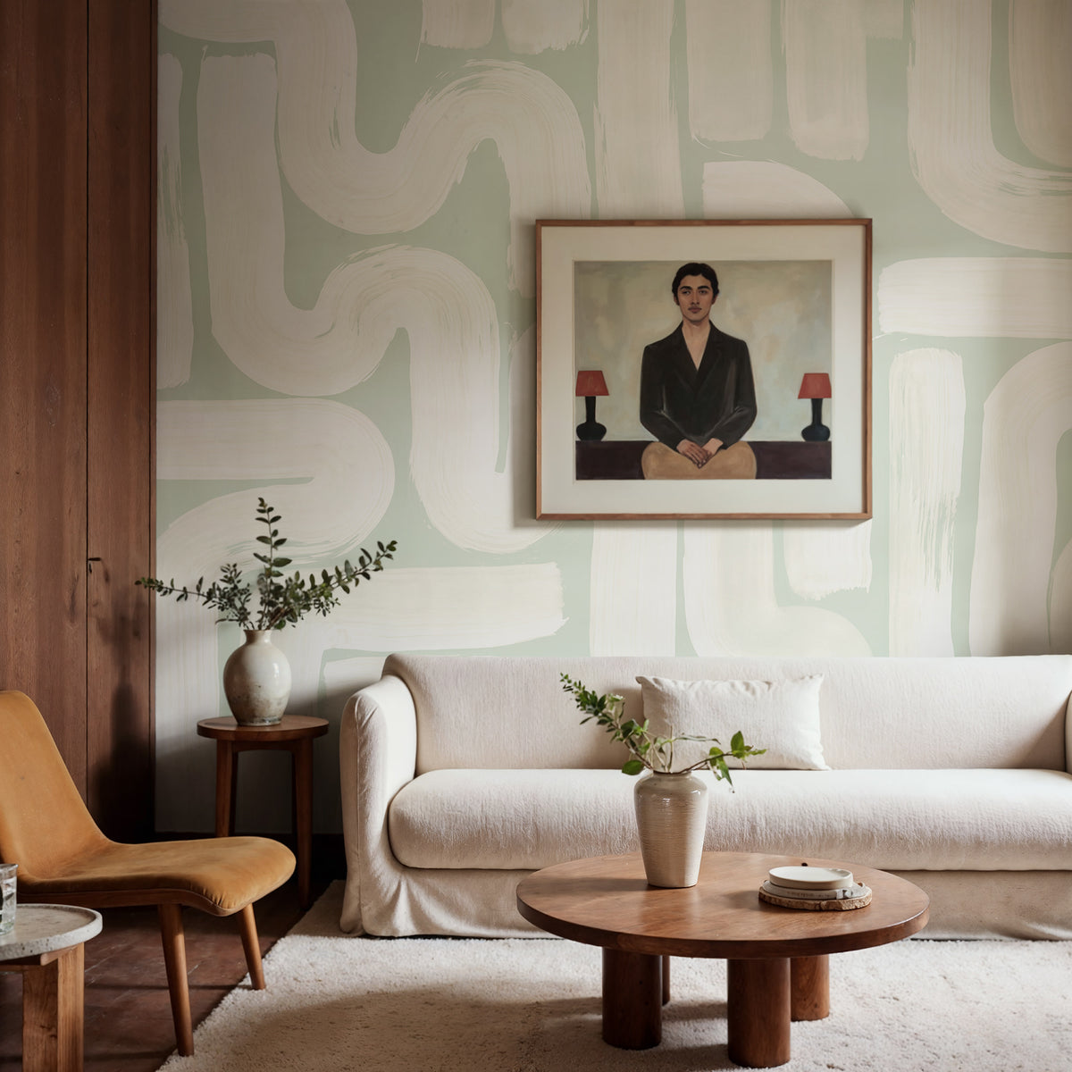 Drape Brush wall mural by Rebel Walls in Light Green, styled room