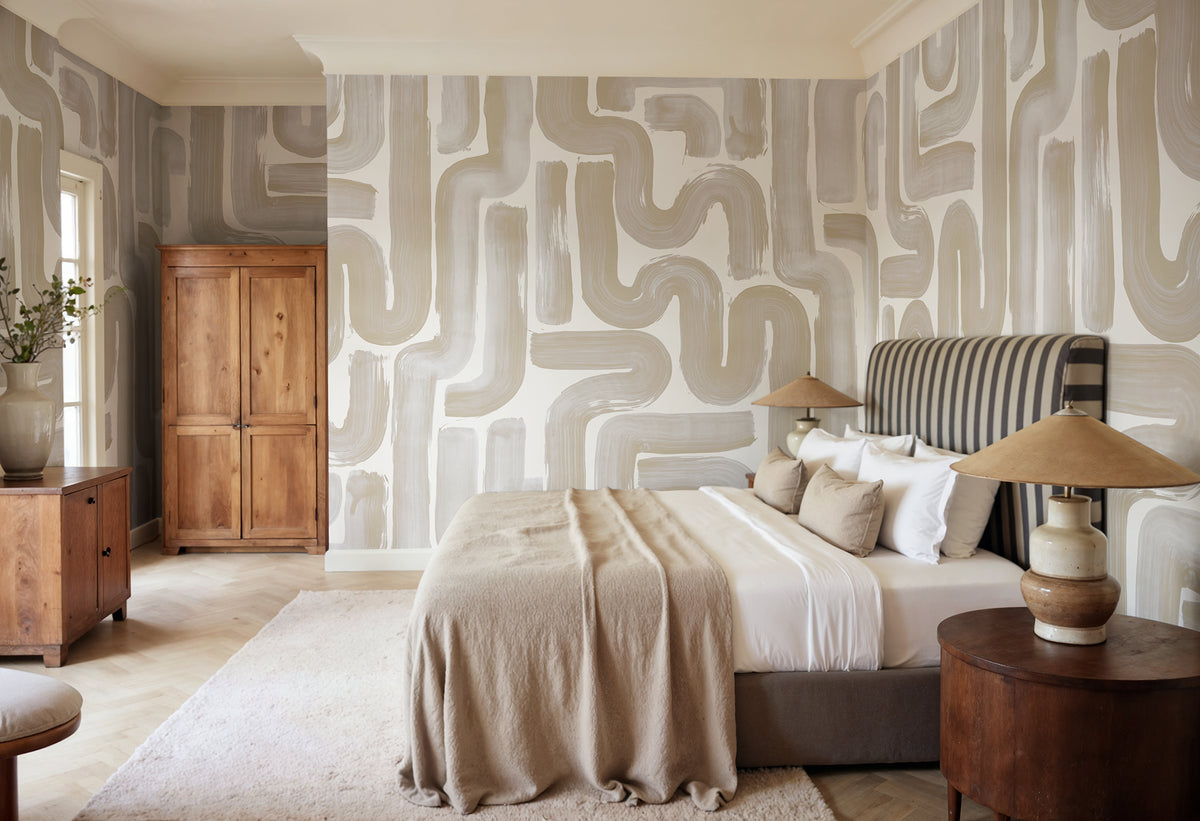 Drape Brush wall mural by Rebel Walls in Beige, styled room