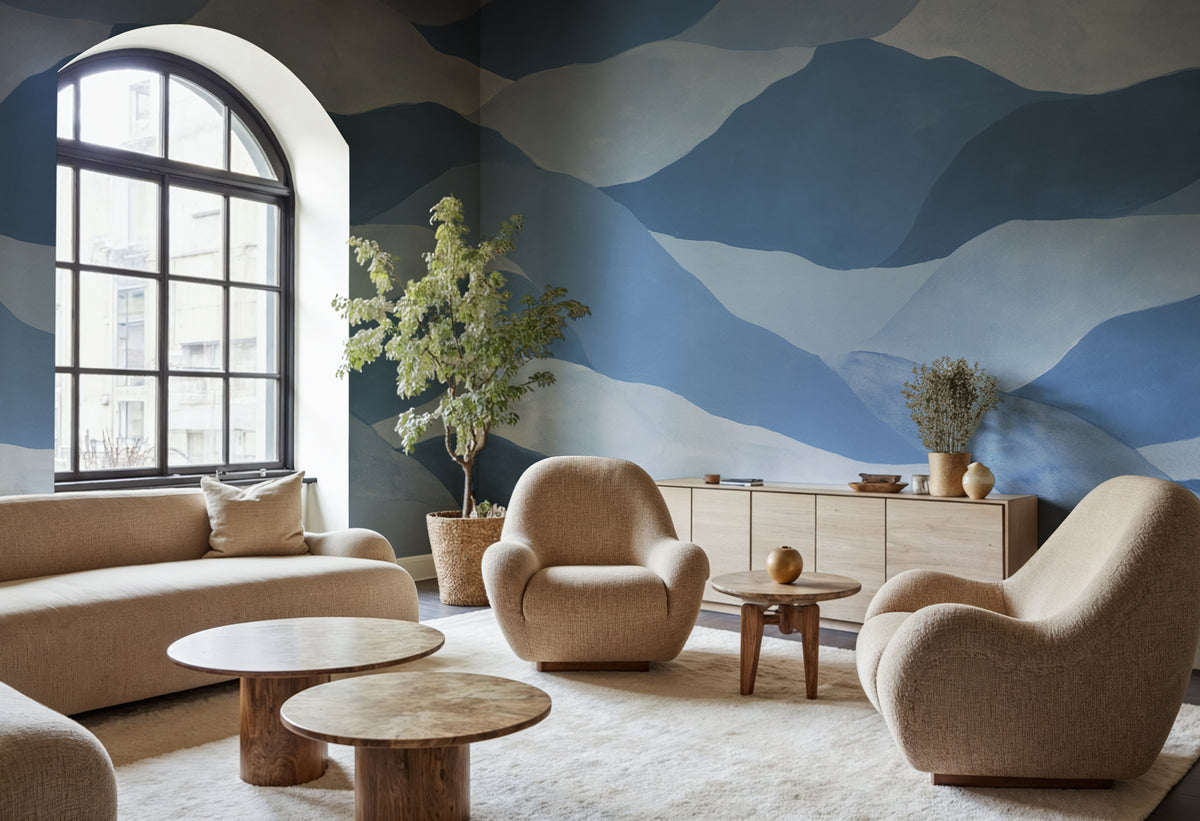 Misty Peaks wall mural by Rebel Walls in Blue, styled room