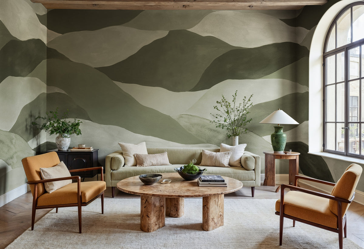 Misty Peaks wall mural by Rebel Walls in Green, styled room