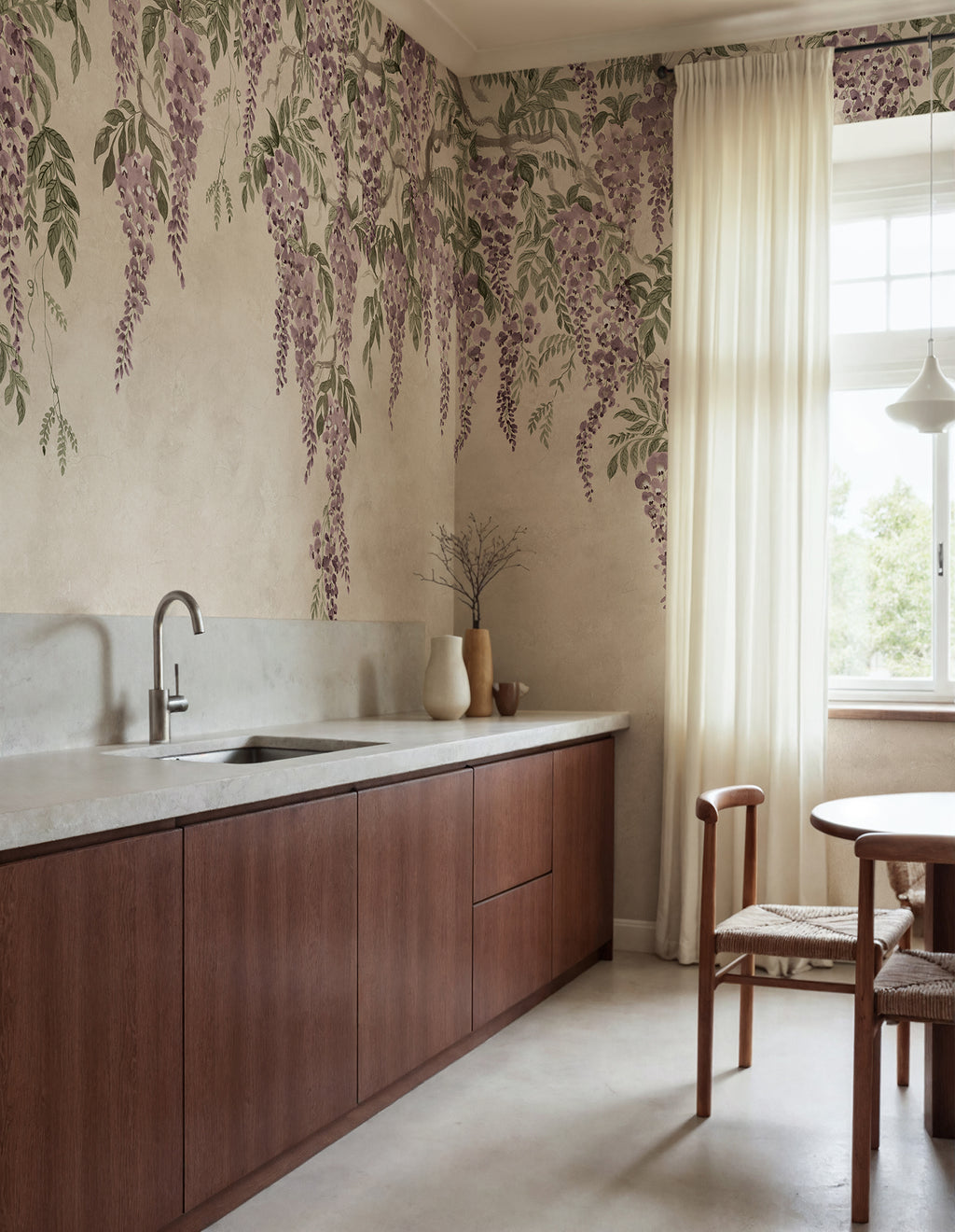 Whispers Wisteria wall mural by Rebel Walls in Purple, styled room