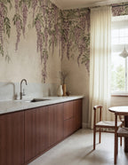 Whispers Wisteria wall mural by Rebel Walls in Purple, styled room