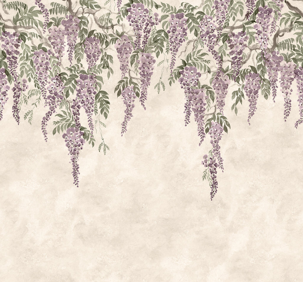 Whispers Wisteria wall mural by Rebel Walls in Purple, flat swatch
