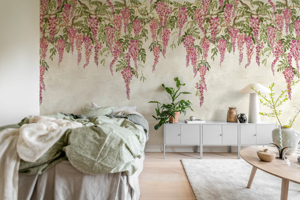 Whispers Wisteria wall mural by Rebel Walls in Pink, styled room