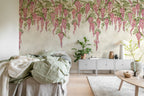 Whispers Wisteria wall mural by Rebel Walls in Pink, styled room