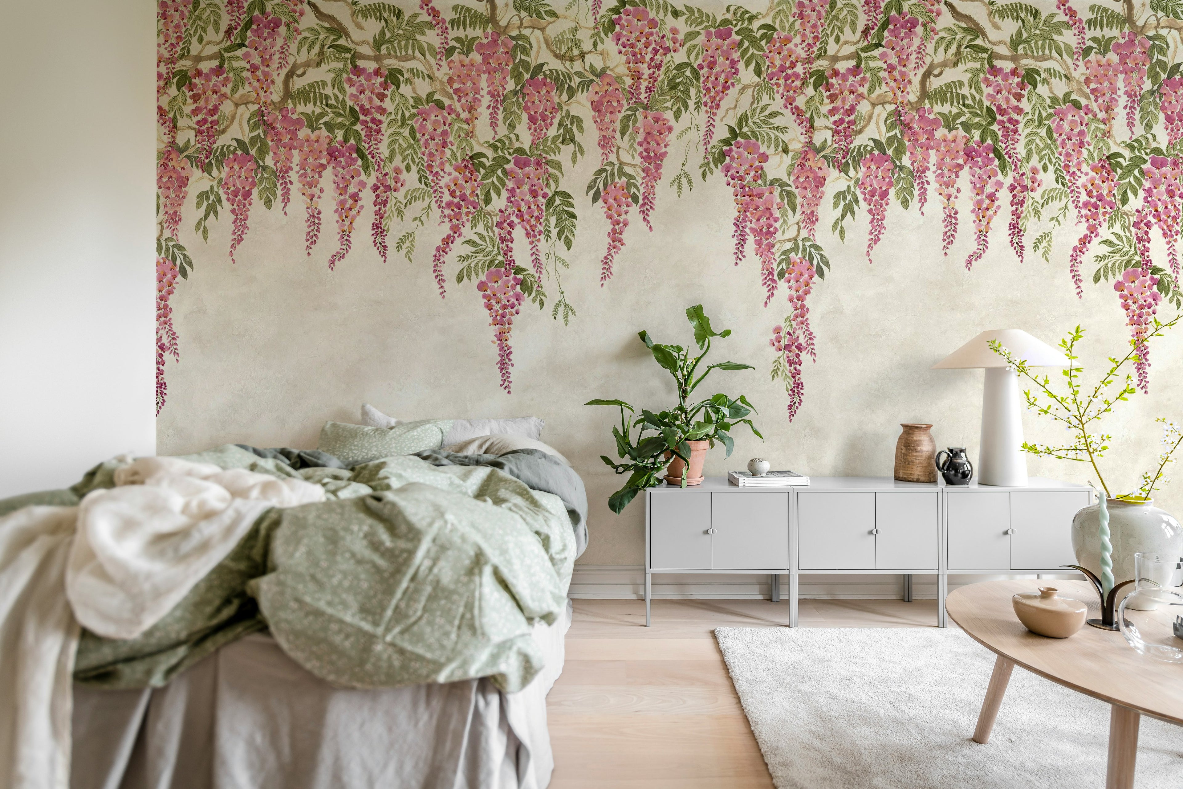Whispers Wisteria wall mural by Rebel Walls in Pink, styled room