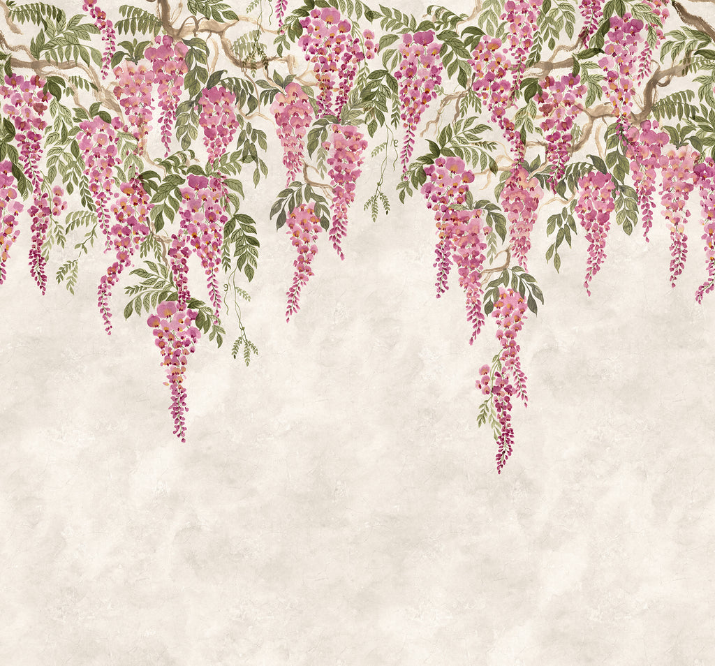 Whispers Wisteria wall mural by Rebel Walls in Pink, flat swatch